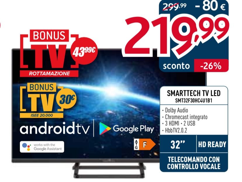 SMART TECH SMT32F30HC4U1B1 Smart TV 32 Pollici HD LED DVB-T2 Android T