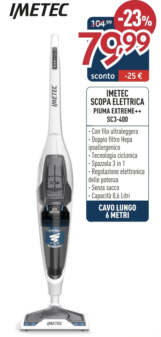 Scopa elettrica senza Sacco Aspirapolvere Imetec HEPA SC3-400 Piuma  Extreme++