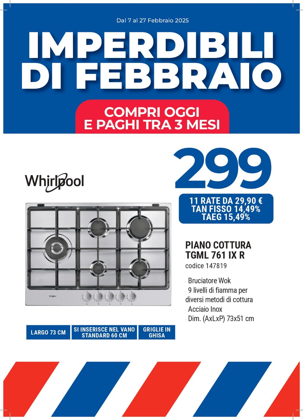 PIANO COTTURA WHIRLPOOL TGML761IXR INOX 75CM