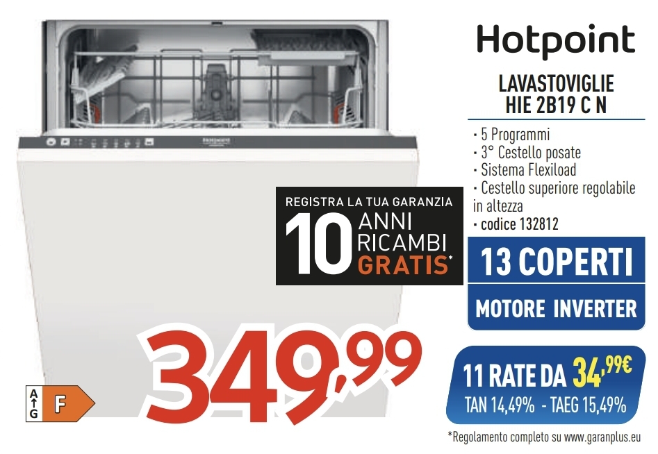 LAVASTOVIGLIE INCASSO HOTPOINT ARISTON HIE 2B19 C N 13 COP.