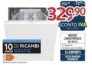 LAVASTOVIGLIE INCASSO INDESIT DIE2B19A 14 COPERTI